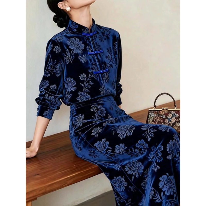 Women New Chinese Style Velvet - đánh giá và giá Midi Skirt Floral